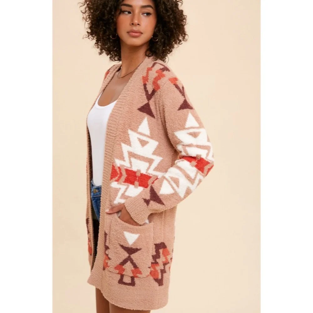 SOLD OUT Sand Multi Color Aztec Tribal Fuzzy Soft Knit Cardigan Sweater - Picture 6 of 11